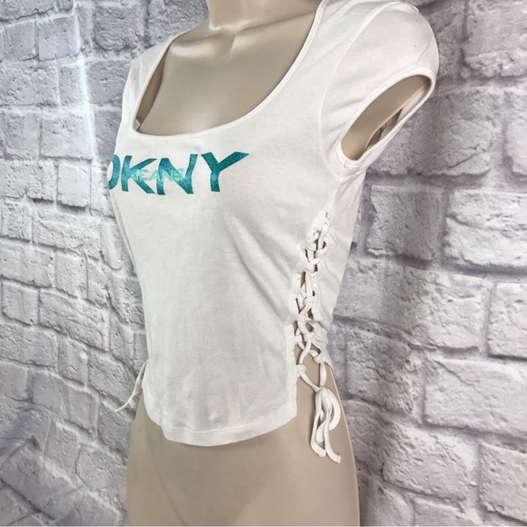 Vintage‎ DKNY Baby Tee Cotton Lattice Donna Karan New York Label Size Small - Picture 2 of 8